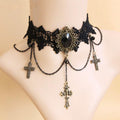 Victorian Gothic Black Lace Choker Necklace | Antique Bronze Black Gem Rose Crown Triple Cross Chain Drop Dark Romance Halloween Jewelry