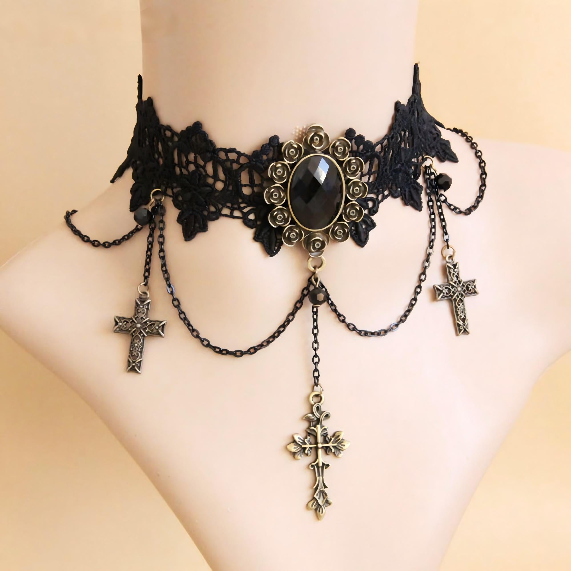 Victorian Gothic Black Lace Choker Necklace | Antique Bronze Black Gem Rose Crown Triple Cross Chain Drop Dark Romance Halloween Jewelry