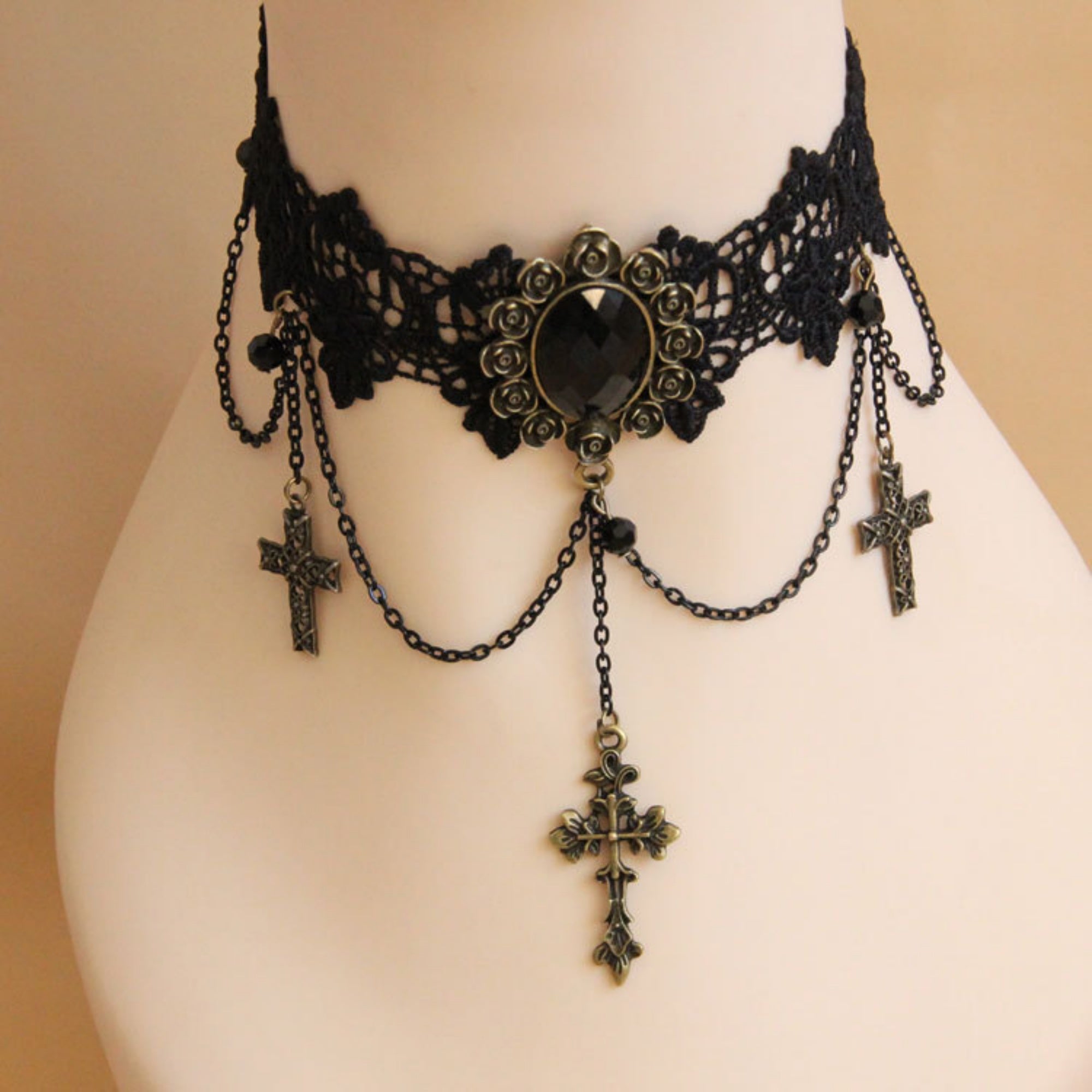 Victorian Gothic Black Lace Choker Necklace | Antique Bronze Black Gem Rose Crown Triple Cross Chain Drop Dark Romance Halloween Jewelry