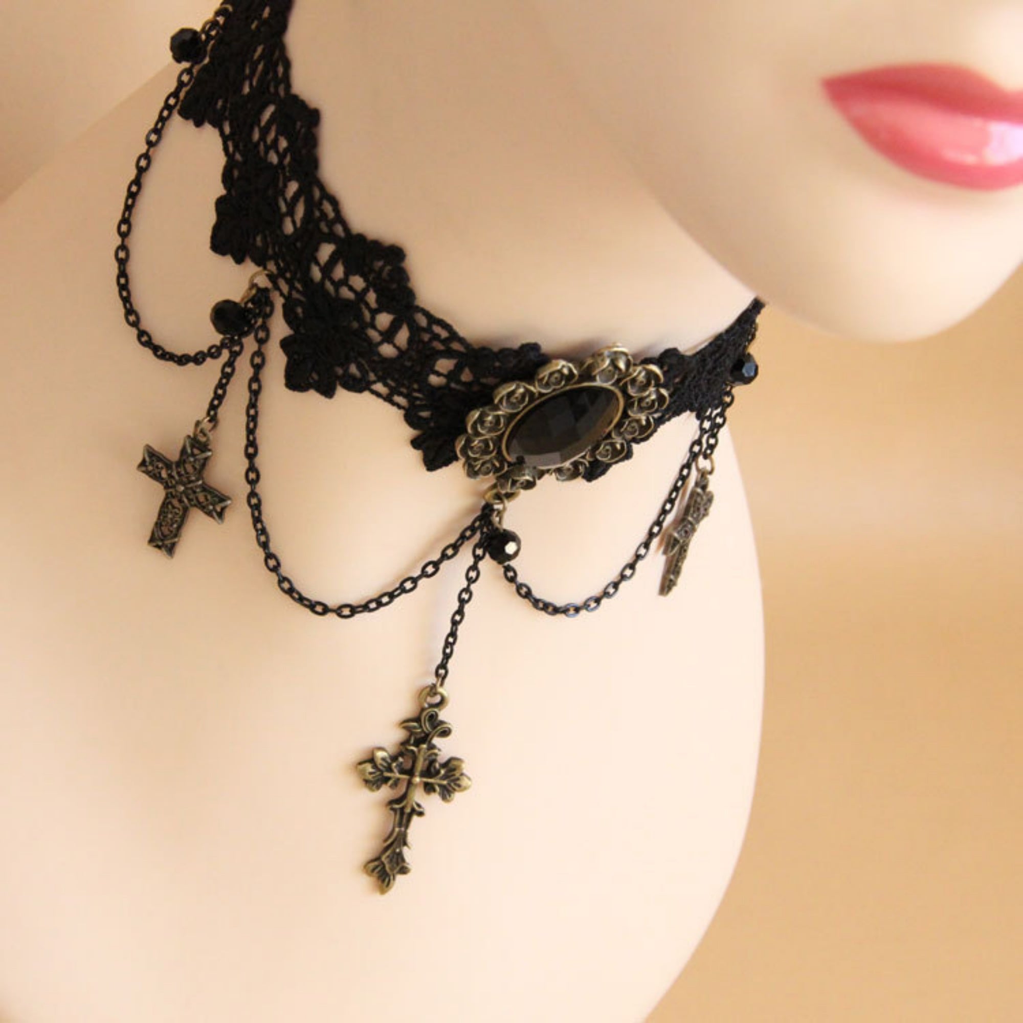 Victorian Gothic Black Lace Choker Necklace | Antique Bronze Black Gem Rose Crown Triple Cross Chain Drop Dark Romance Halloween Jewelry