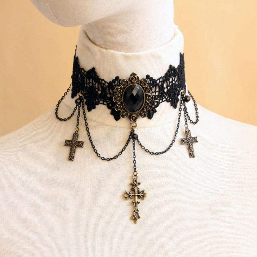 Victorian Gothic Black Lace Choker Necklace | Antique Bronze Black Gem Rose Crown Triple Cross Chain Drop Dark Romance Halloween Jewelry