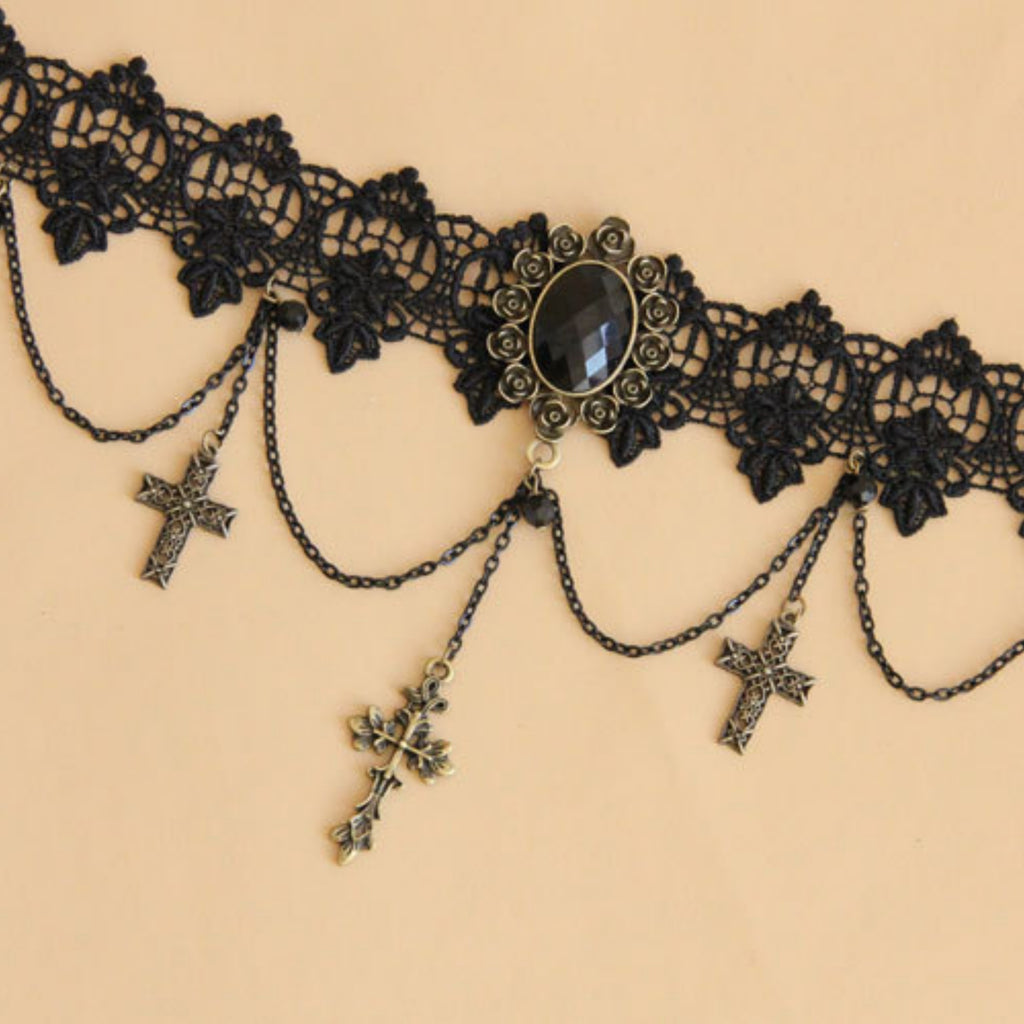 Victorian Gothic Black Lace Choker Necklace | Antique Bronze Black Gem Rose Crown Triple Cross Chain Drop Dark Romance Halloween Jewelry