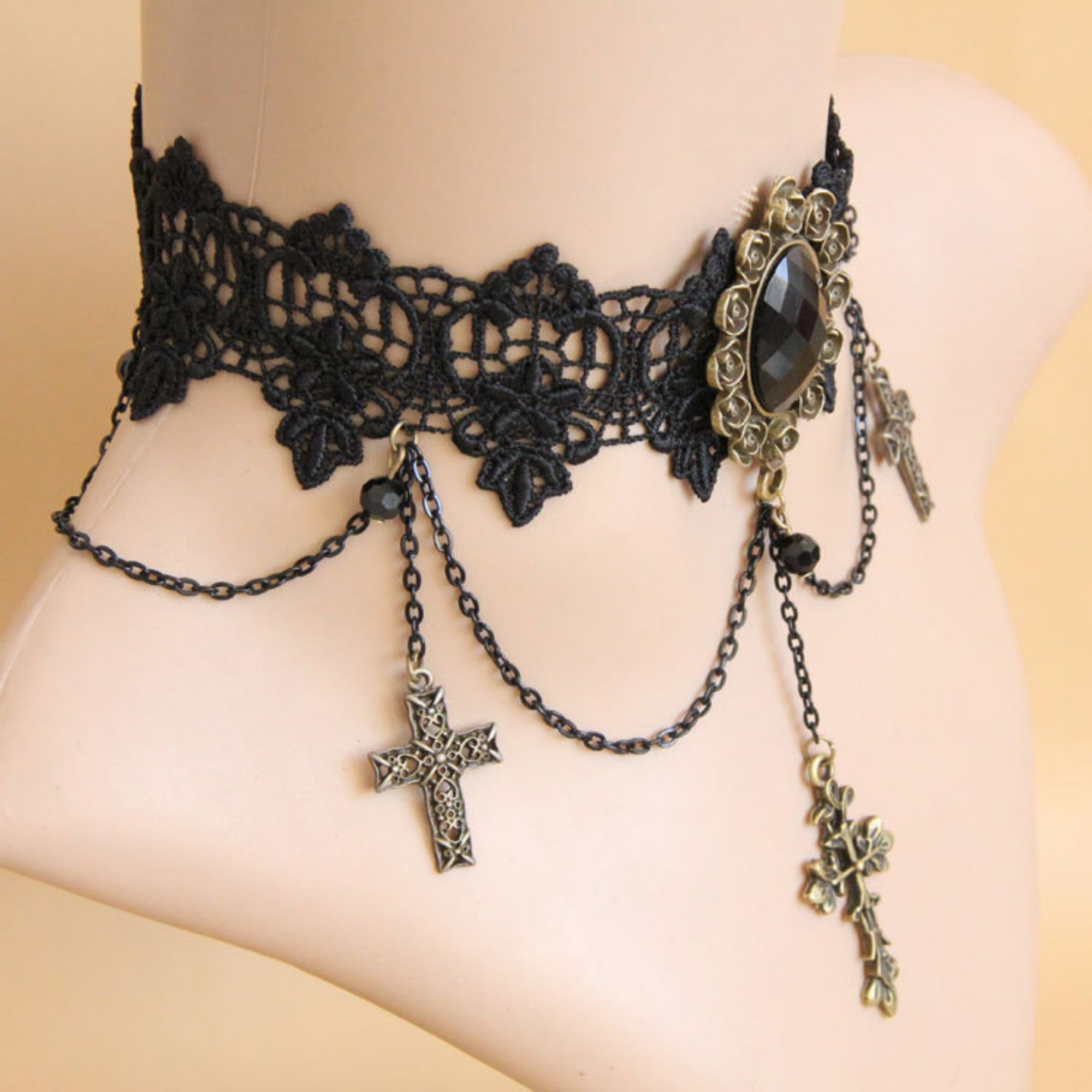 Victorian Gothic Black Lace Choker Necklace | Antique Bronze Black Gem Rose Crown Triple Cross Chain Drop Dark Romance Halloween Jewelry