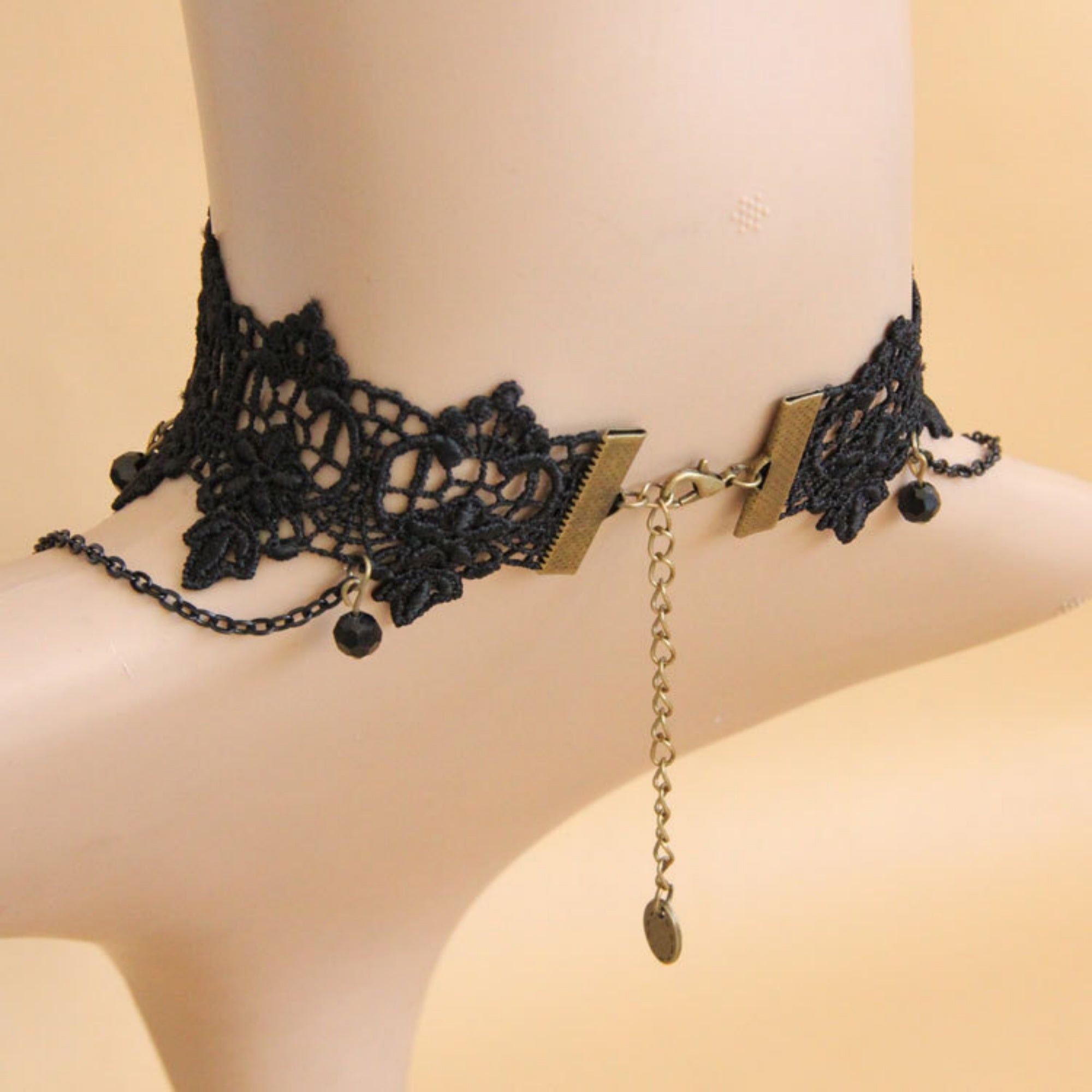 Victorian Gothic Black Lace Choker Necklace | Antique Bronze Black Gem Rose Crown Triple Cross Chain Drop Dark Romance Halloween Jewelry