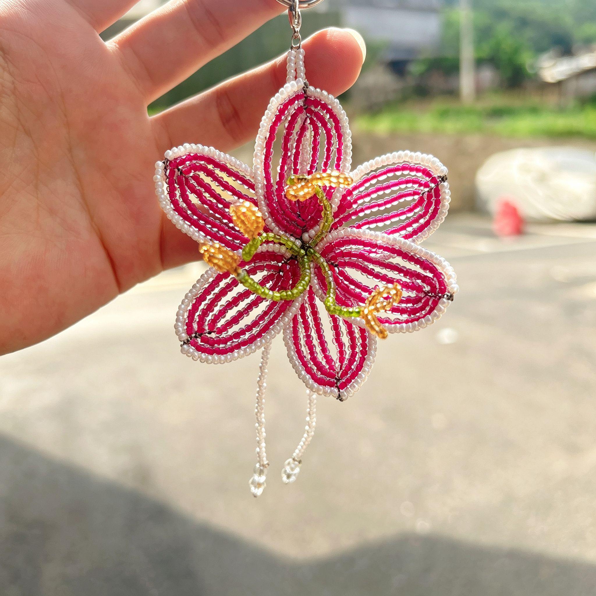 Handmade 3D Hot Pink & White Beaded Flower Bag Charm | Crystal Drop Tassel Keychain Fairycore Statement