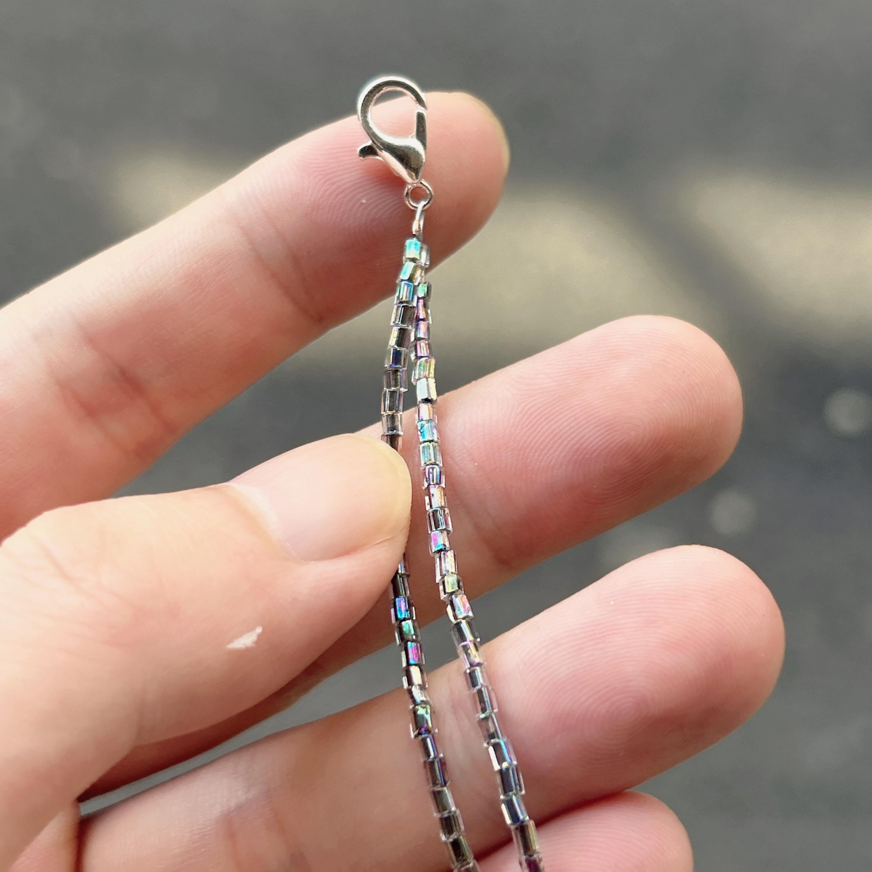 Handmade 3D Silver Aurora Iridescent Lily Flower Beaded Keychain | Metallic Rainbow Tube Bead Bag Charm