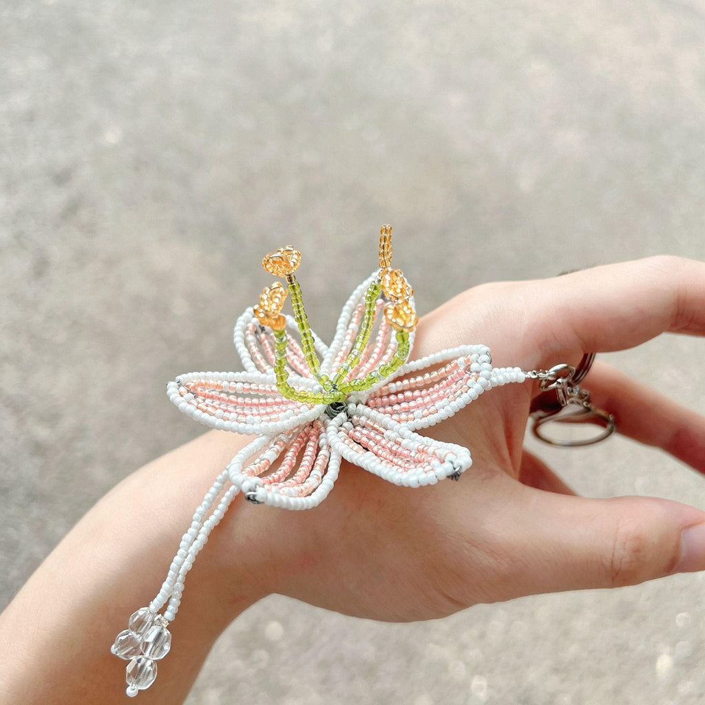 Handmade 3D Beaded Lily Flower Keychain | White Pink Striped Petal Green Stem Amber Stamen Bag Charm