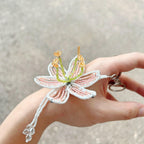 Handmade 3D Beaded Lily Flower Keychain | White Pink Striped Petal Green Stem Amber Stamen Bag Charm