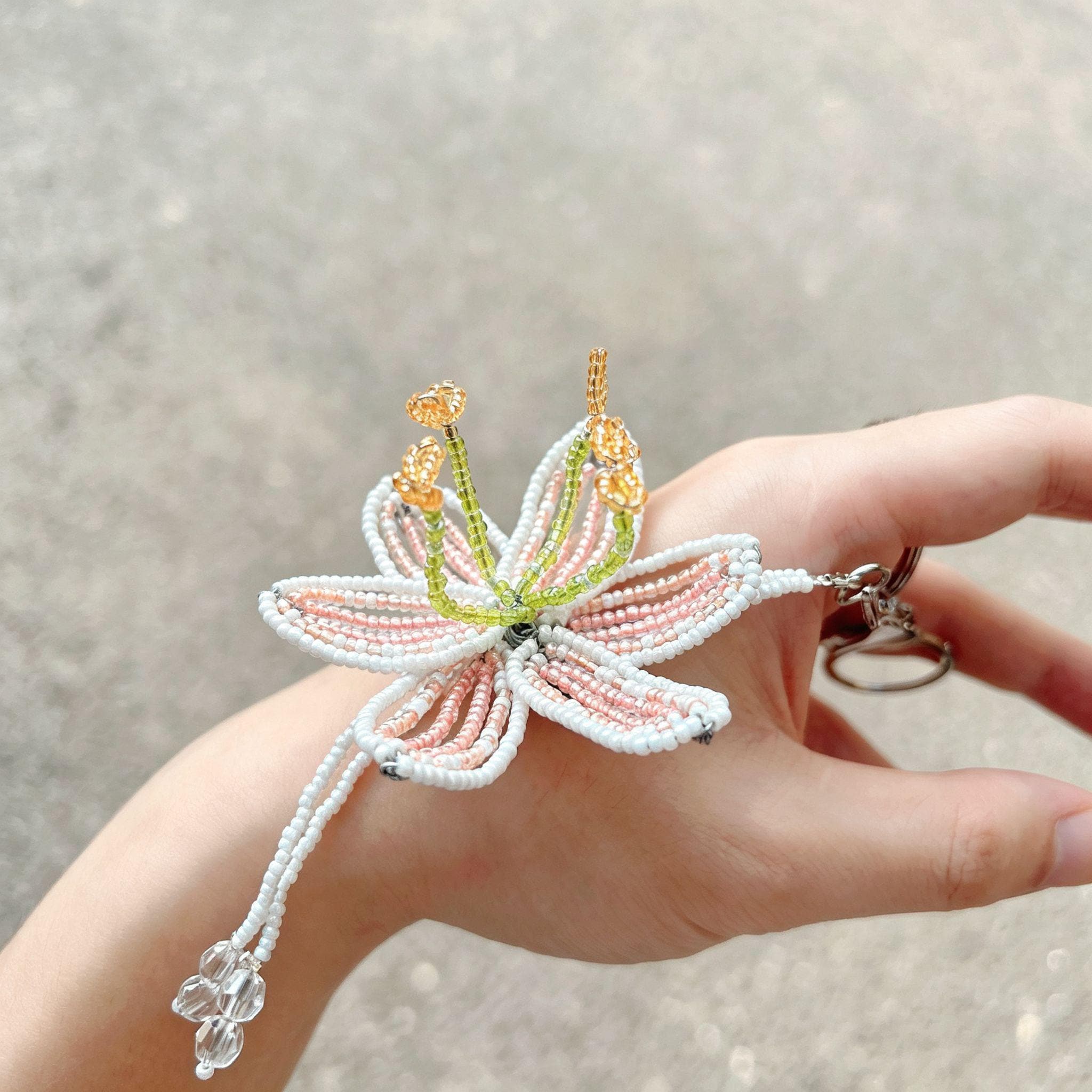 Handmade 3D Beaded Lily Flower Keychain | White Pink Striped Petal Green Stem Amber Stamen Bag Charm