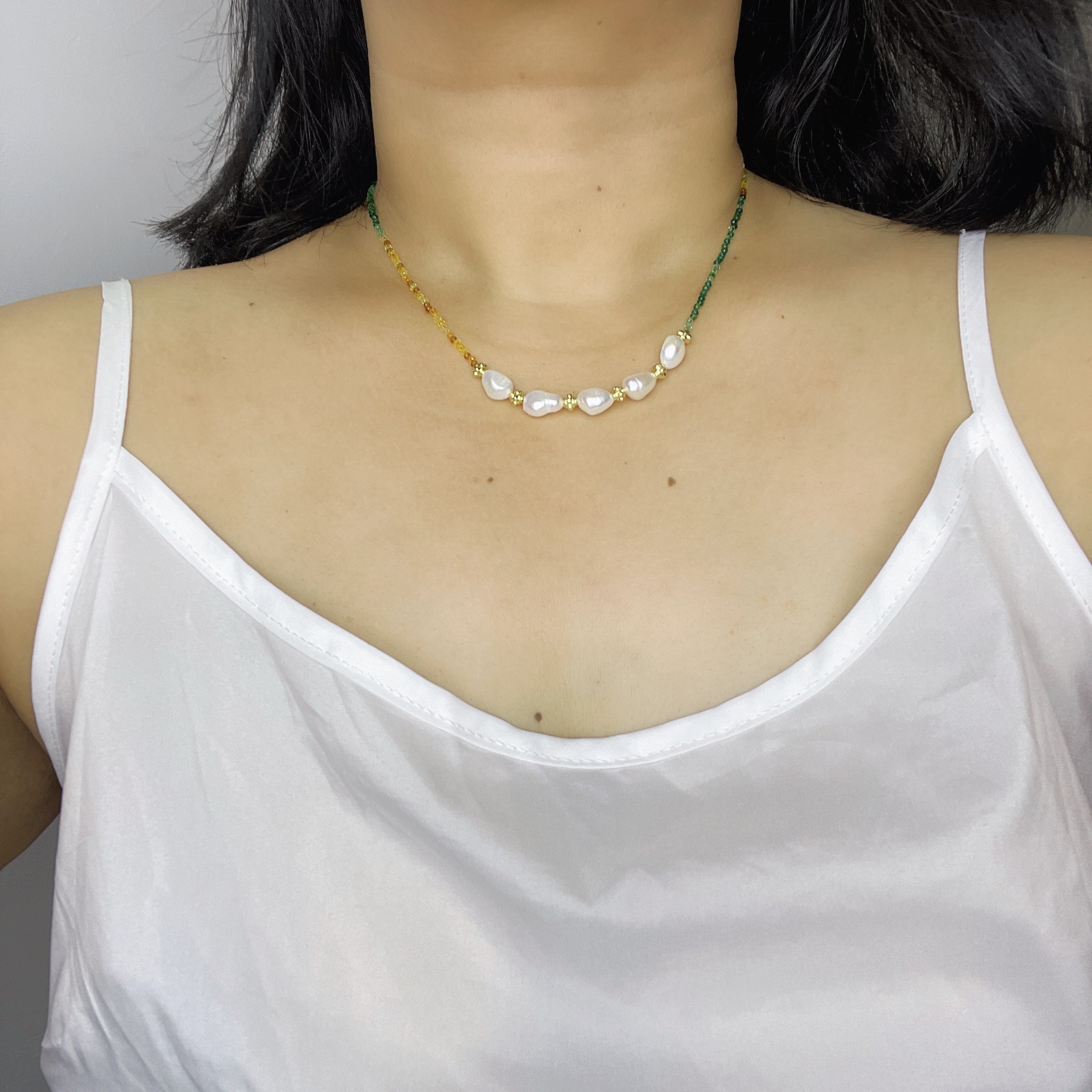 Handmade Green Orange Gradient Crystal Bead Necklace | Baroque Freshwater Pearl Gold Flower Spacer Luxe