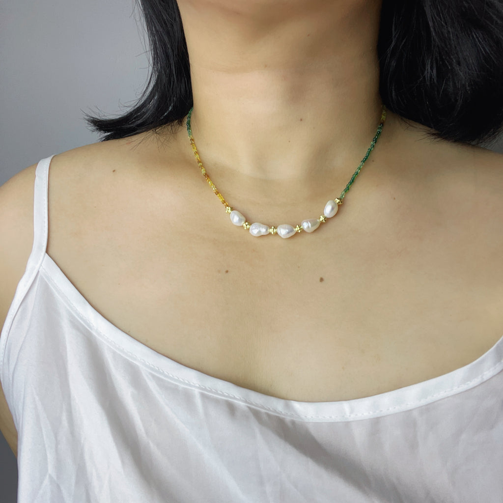 Handmade Green Orange Gradient Crystal Bead Necklace | Baroque Freshwater Pearl Gold Flower Spacer Luxe