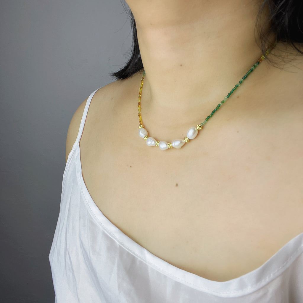 Handmade Green Orange Gradient Crystal Bead Necklace | Baroque Freshwater Pearl Gold Flower Spacer Luxe