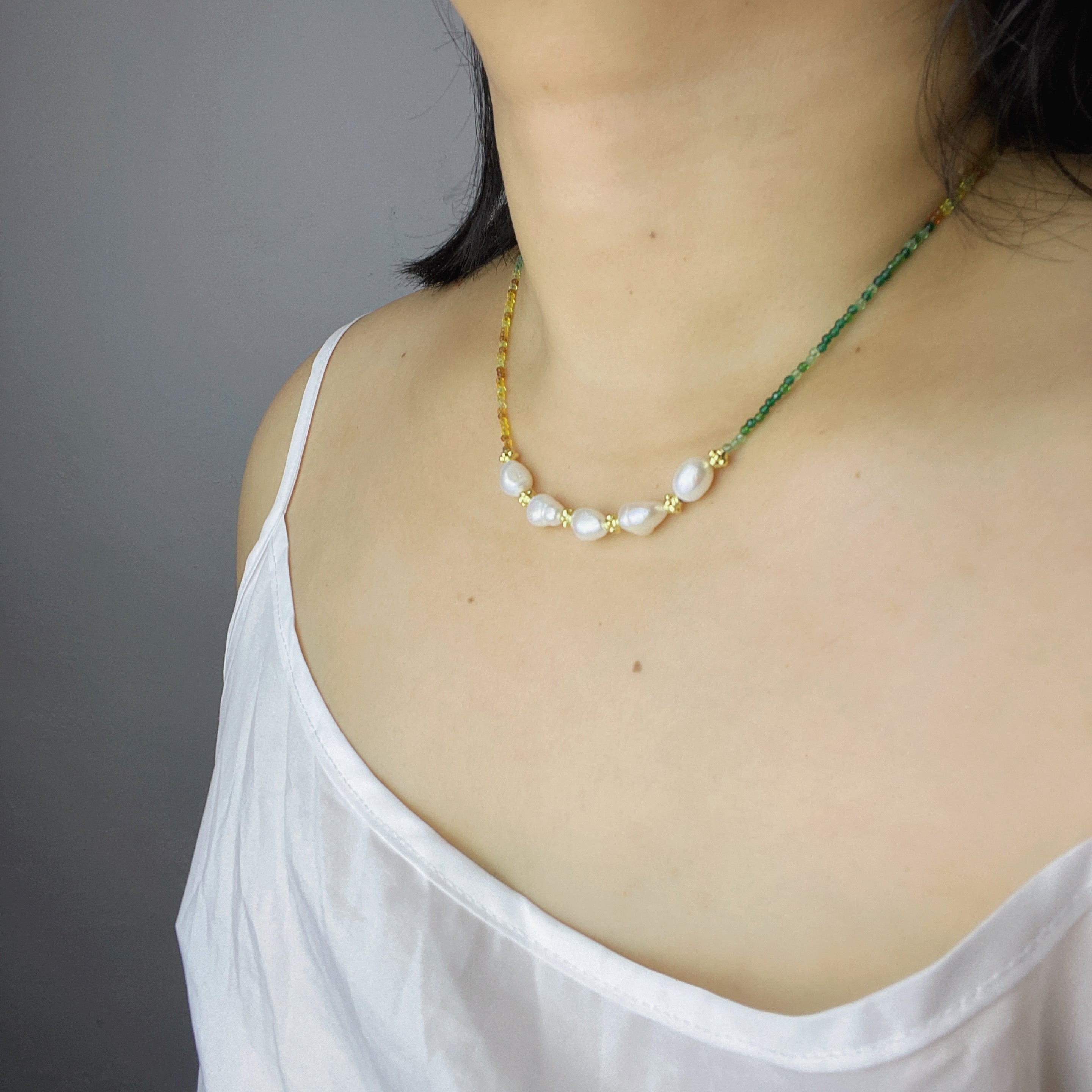Handmade Green Orange Gradient Crystal Bead Necklace | Baroque Freshwater Pearl Gold Flower Spacer Luxe