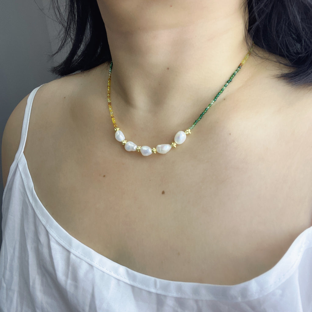 Handmade Green Orange Gradient Crystal Bead Necklace | Baroque Freshwater Pearl Gold Flower Spacer Luxe