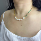 Handmade Green Orange Gradient Crystal Bead Necklace | Baroque Freshwater Pearl Gold Flower Spacer Luxe