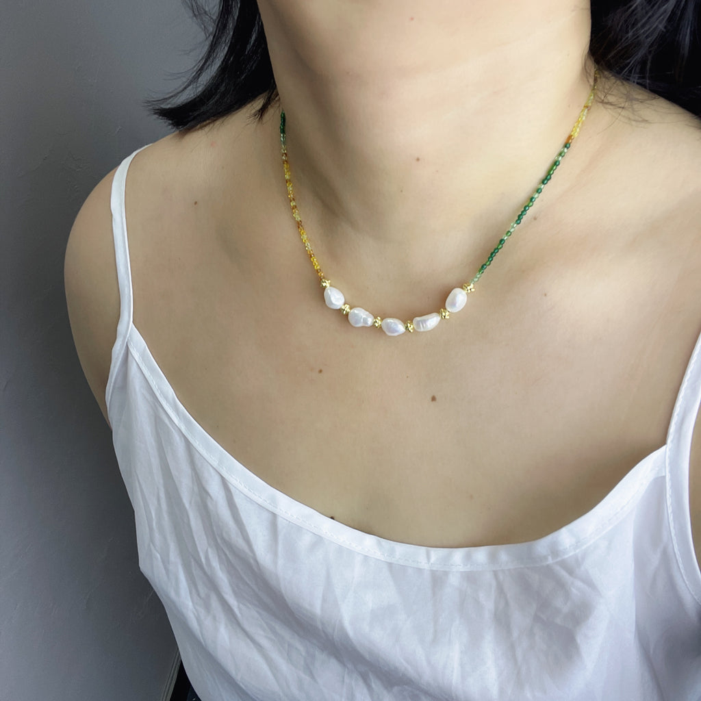 Handmade Green Orange Gradient Crystal Bead Necklace | Baroque Freshwater Pearl Gold Flower Spacer Luxe