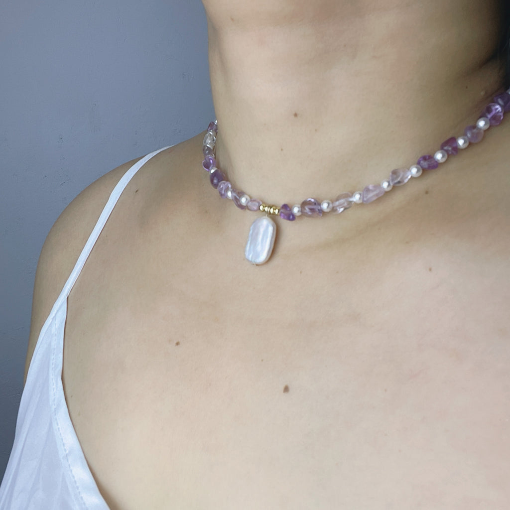Handmade Amethyst & Citrine Crystal Baroque Pearl Beaded Necklace | Purple Yellow Natural Stone Luxe