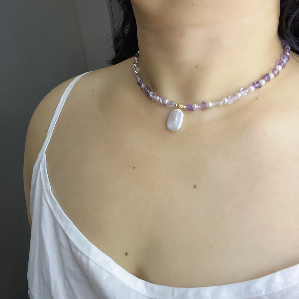 Handmade Amethyst & Citrine Crystal Baroque Pearl Beaded Necklace | Purple Yellow Natural Stone Luxe