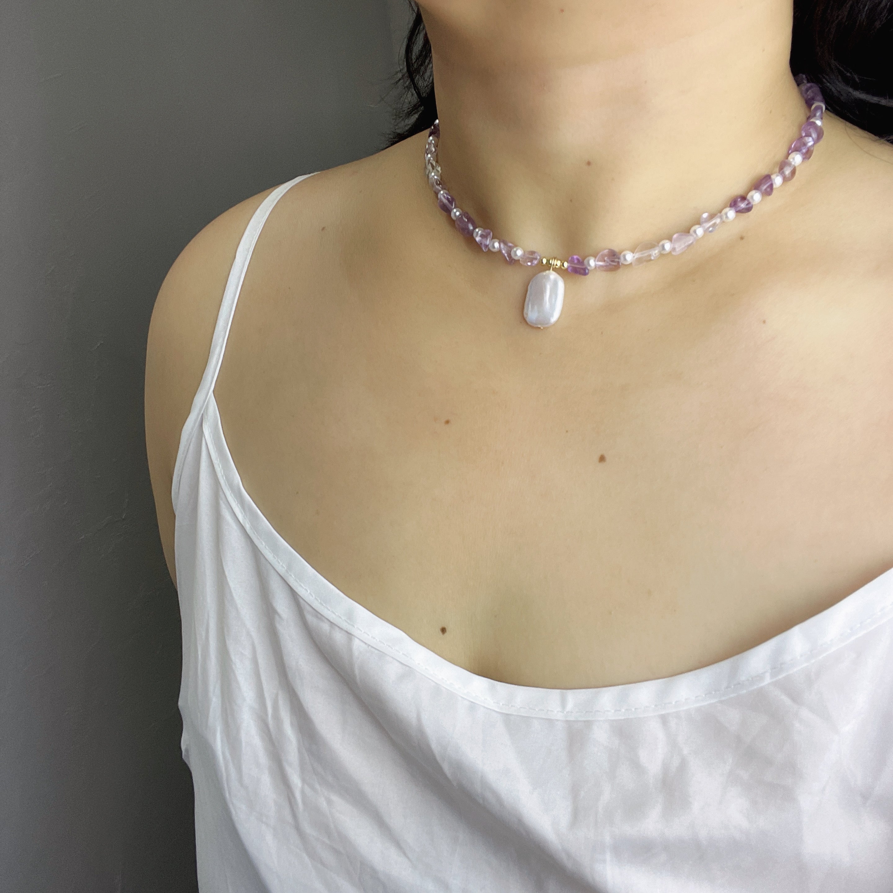 Handmade Amethyst & Citrine Crystal Baroque Pearl Beaded Necklace | Purple Yellow Natural Stone Luxe