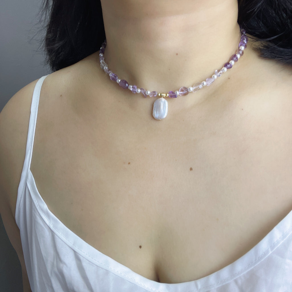 Handmade Amethyst & Citrine Crystal Baroque Pearl Beaded Necklace | Purple Yellow Natural Stone Luxe