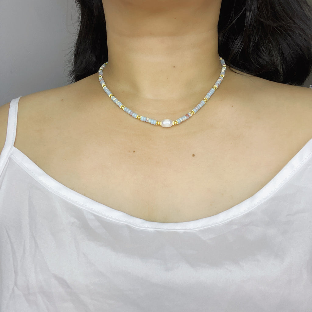 Handmade Grey & Blush Heishi Disc Choker Necklace | Baroque Freshwater Pearl Center Gold Spacer Minimal