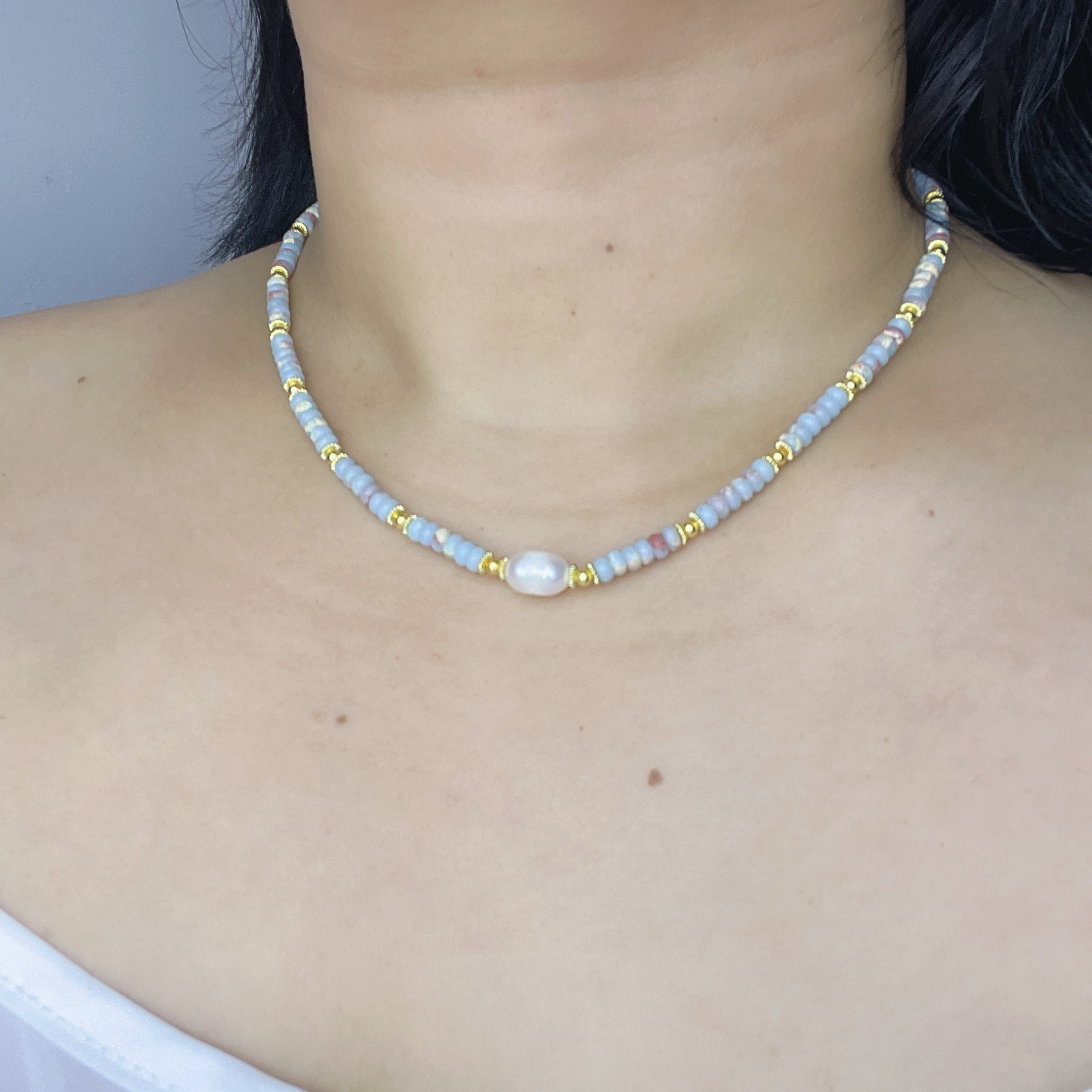 Handmade Grey & Blush Heishi Disc Choker Necklace | Baroque Freshwater Pearl Center Gold Spacer Minimal