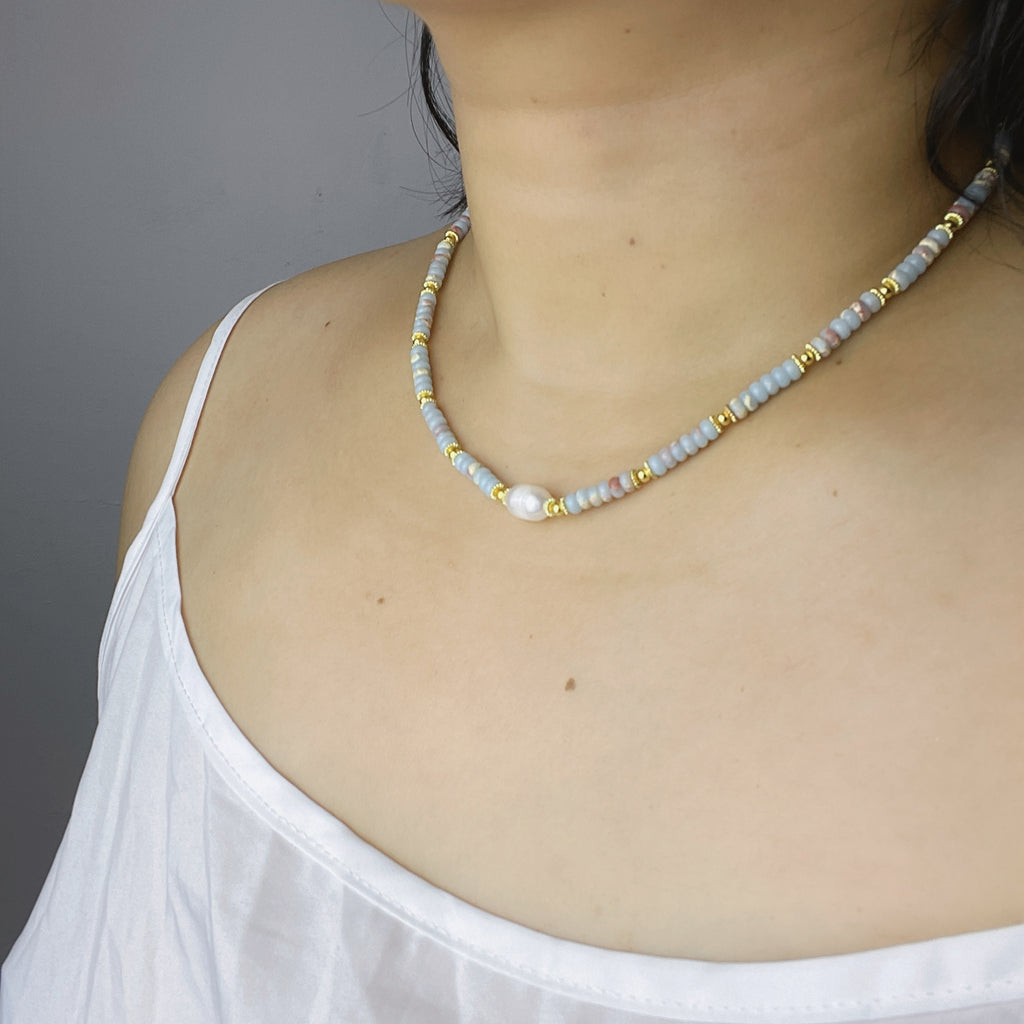 Handmade Grey & Blush Heishi Disc Choker Necklace | Baroque Freshwater Pearl Center Gold Spacer Minimal