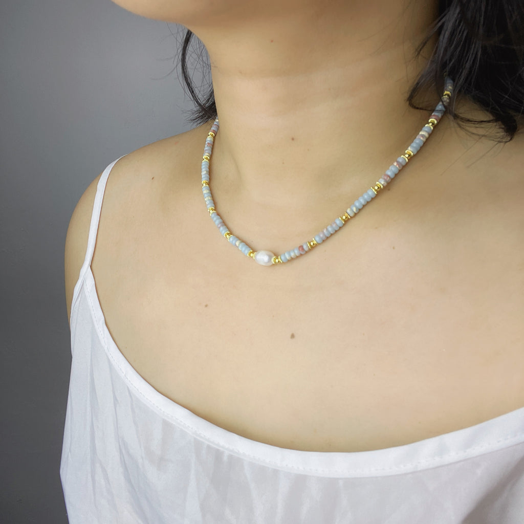 Handmade Grey & Blush Heishi Disc Choker Necklace | Baroque Freshwater Pearl Center Gold Spacer Minimal