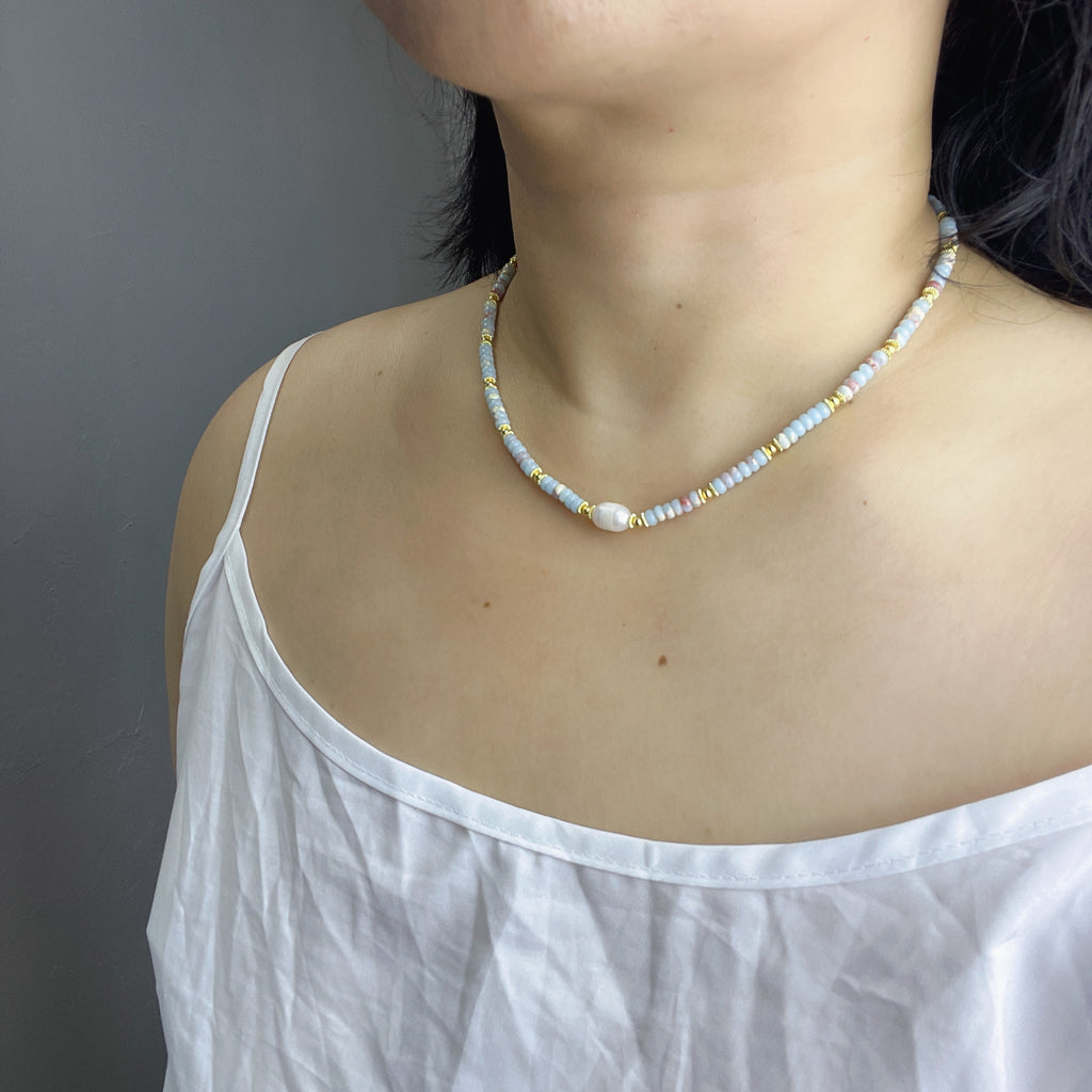 Handmade Grey & Blush Heishi Disc Choker Necklace | Baroque Freshwater Pearl Center Gold Spacer Minimal