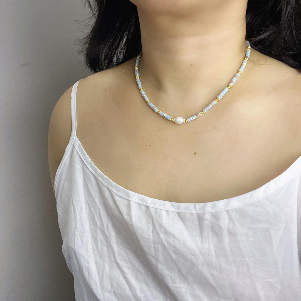 Handmade Grey & Blush Heishi Disc Choker Necklace | Baroque Freshwater Pearl Center Gold Spacer Minimal