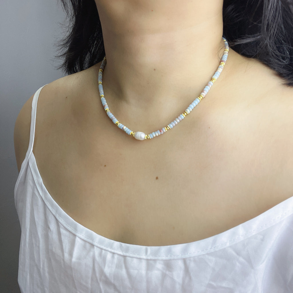 Handmade Grey & Blush Heishi Disc Choker Necklace | Baroque Freshwater Pearl Center Gold Spacer Minimal