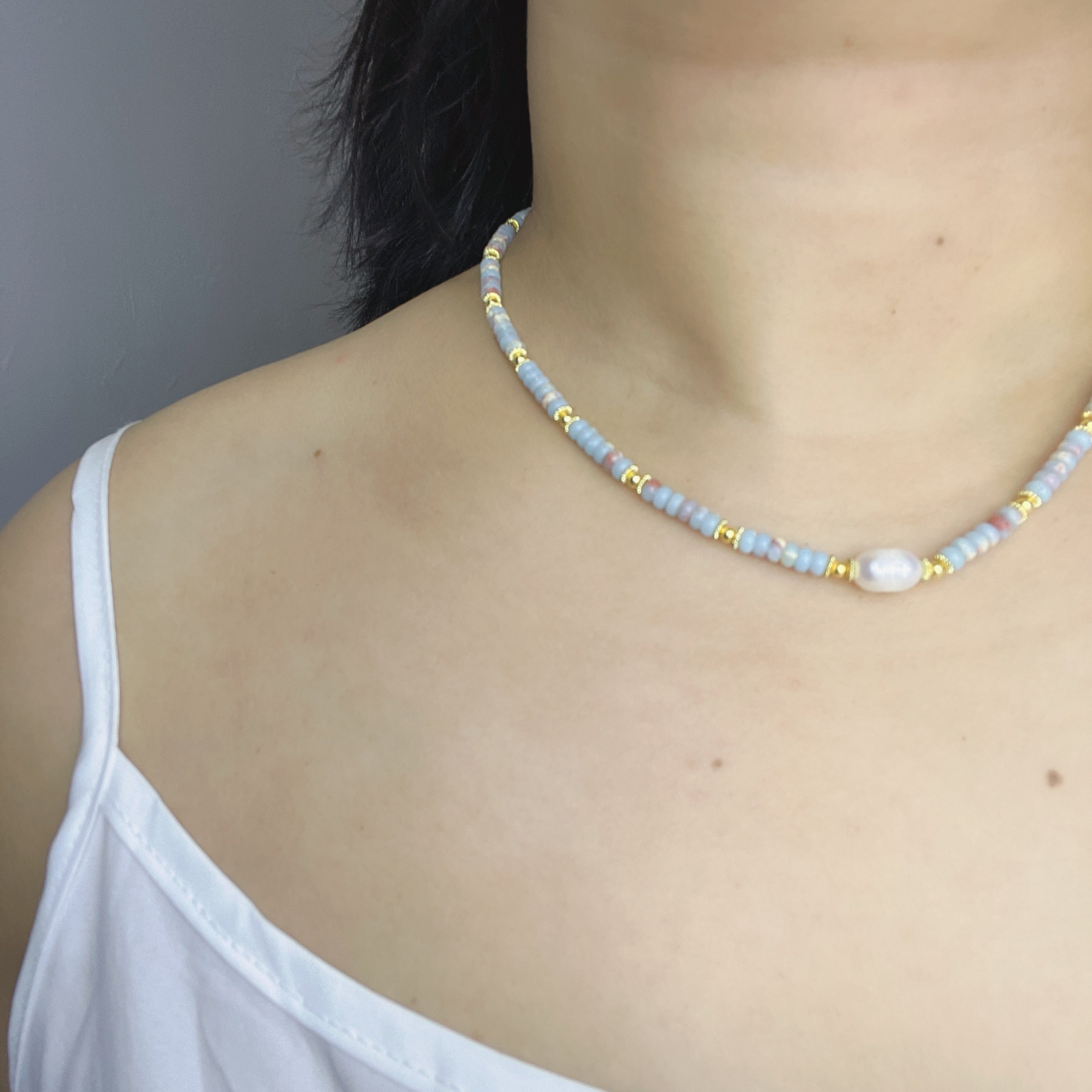 Handmade Grey & Blush Heishi Disc Choker Necklace | Baroque Freshwater Pearl Center Gold Spacer Minimal