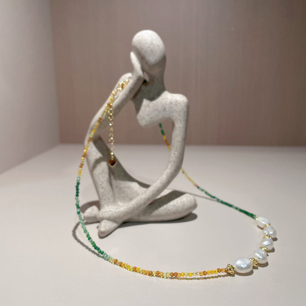 Handmade Green Orange Gradient Crystal Bead Necklace | Baroque Freshwater Pearl Gold Flower Spacer Luxe