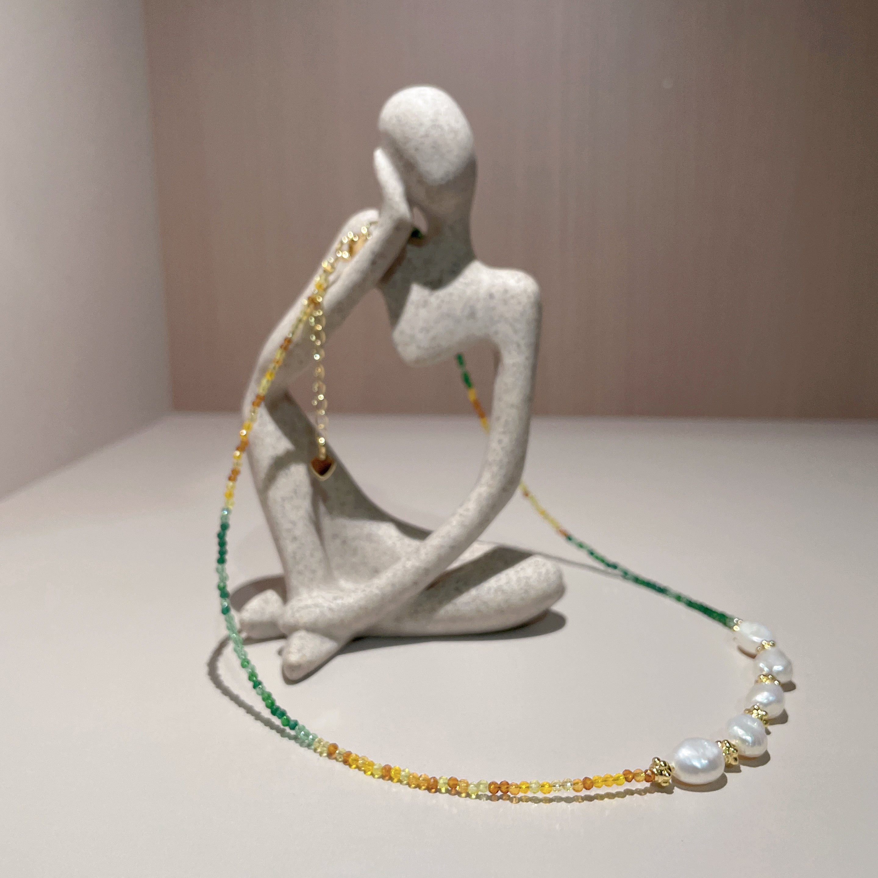 Handmade Green Orange Gradient Crystal Bead Necklace | Baroque Freshwater Pearl Gold Flower Spacer Luxe