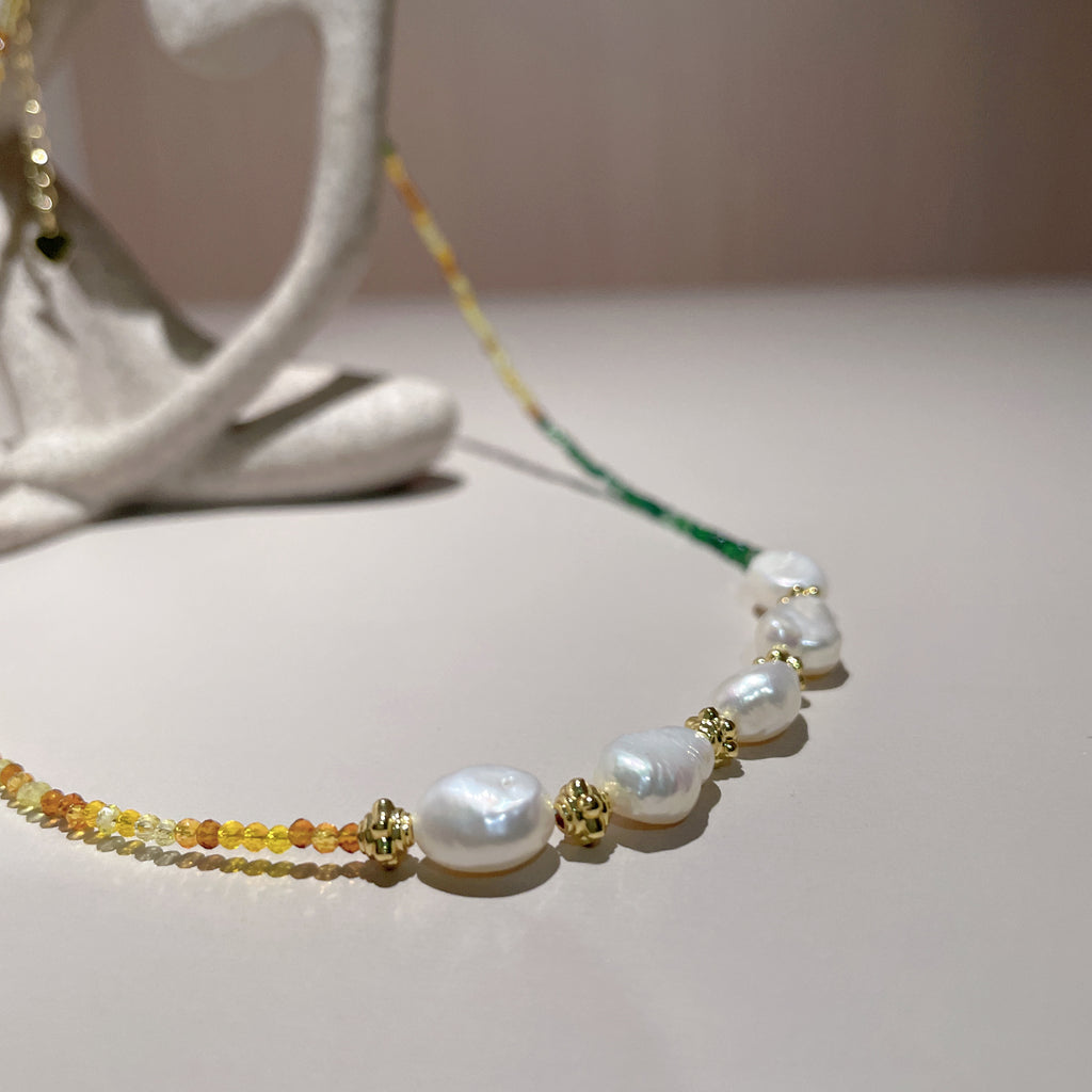Handmade Green Orange Gradient Crystal Bead Necklace | Baroque Freshwater Pearl Gold Flower Spacer Luxe