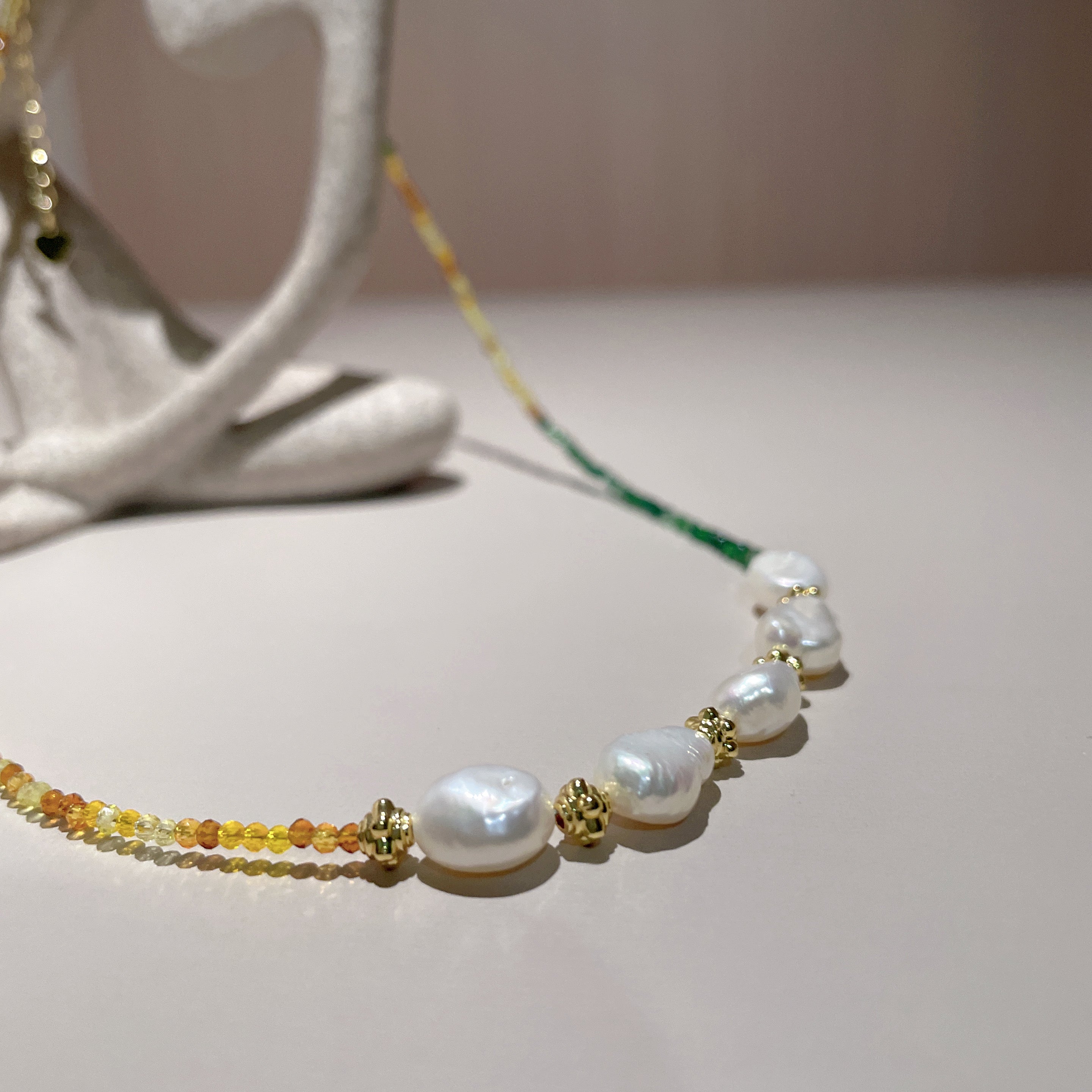 Handmade Green Orange Gradient Crystal Bead Necklace | Baroque Freshwater Pearl Gold Flower Spacer Luxe