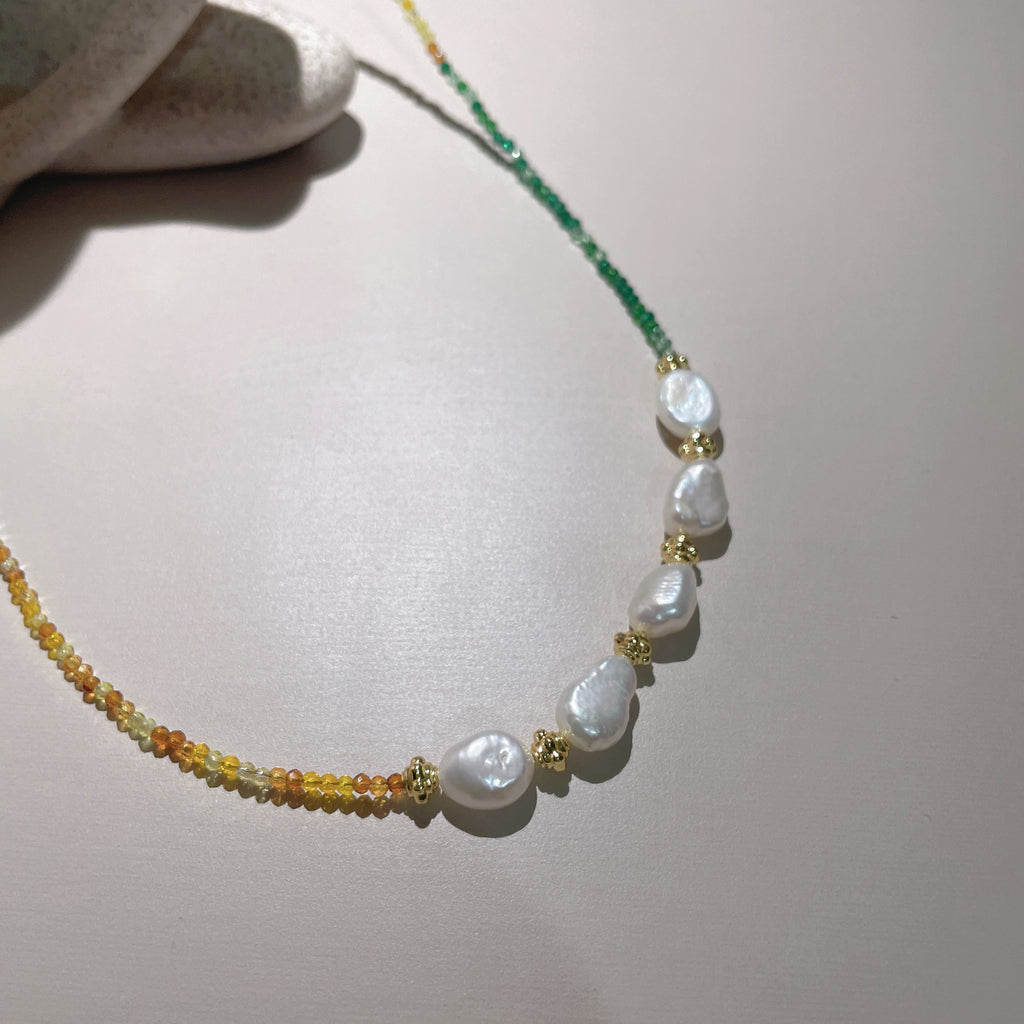 Handmade Green Orange Gradient Crystal Bead Necklace | Baroque Freshwater Pearl Gold Flower Spacer Luxe