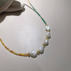 Handmade Green Orange Gradient Crystal Bead Necklace | Baroque Freshwater Pearl Gold Flower Spacer Luxe