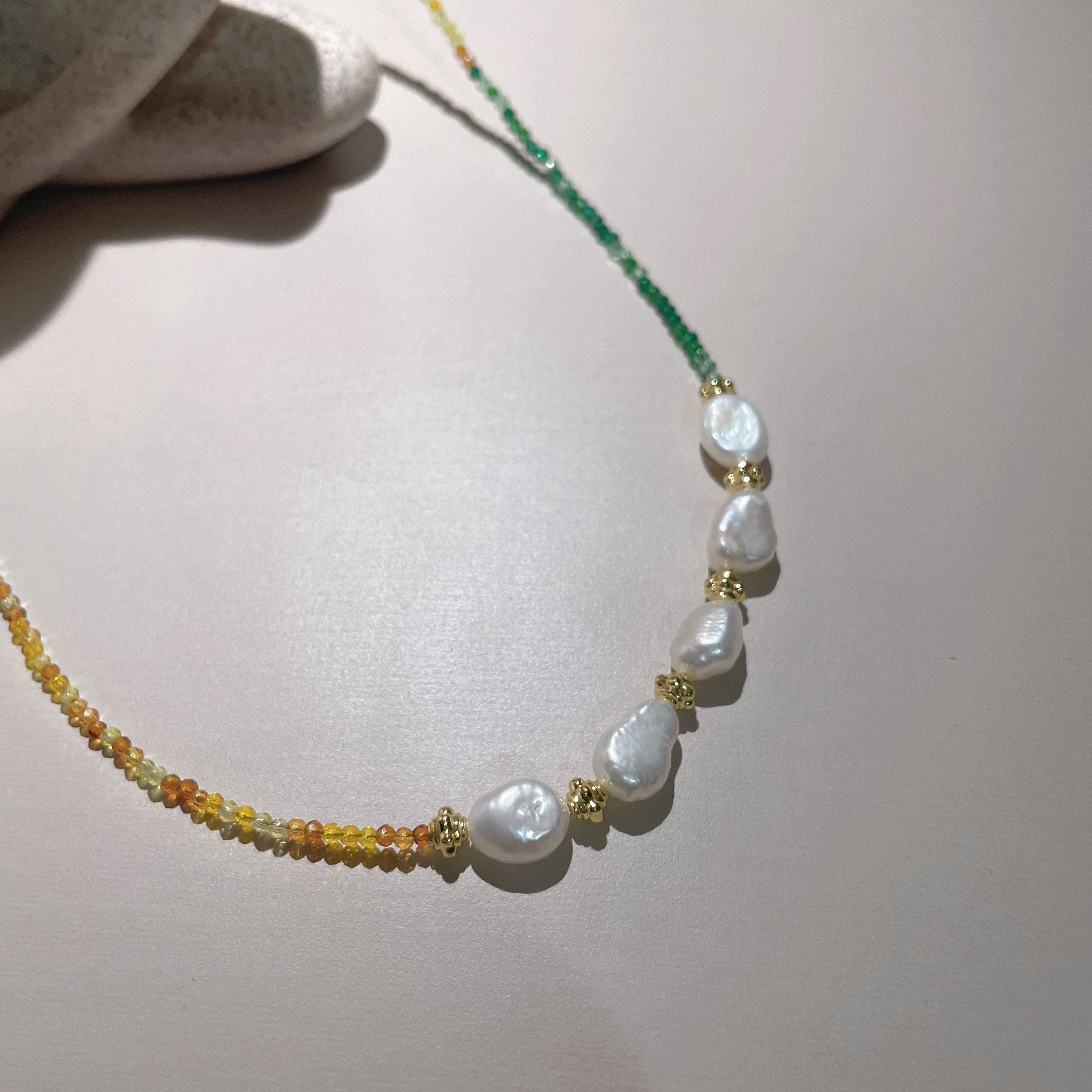 Handmade Green Orange Gradient Crystal Bead Necklace | Baroque Freshwater Pearl Gold Flower Spacer Luxe
