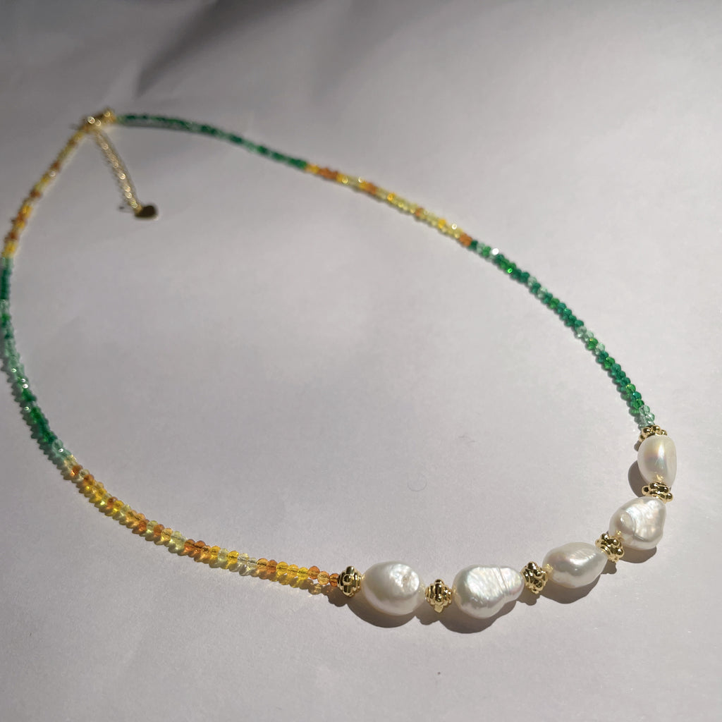 Handmade Green Orange Gradient Crystal Bead Necklace | Baroque Freshwater Pearl Gold Flower Spacer Luxe