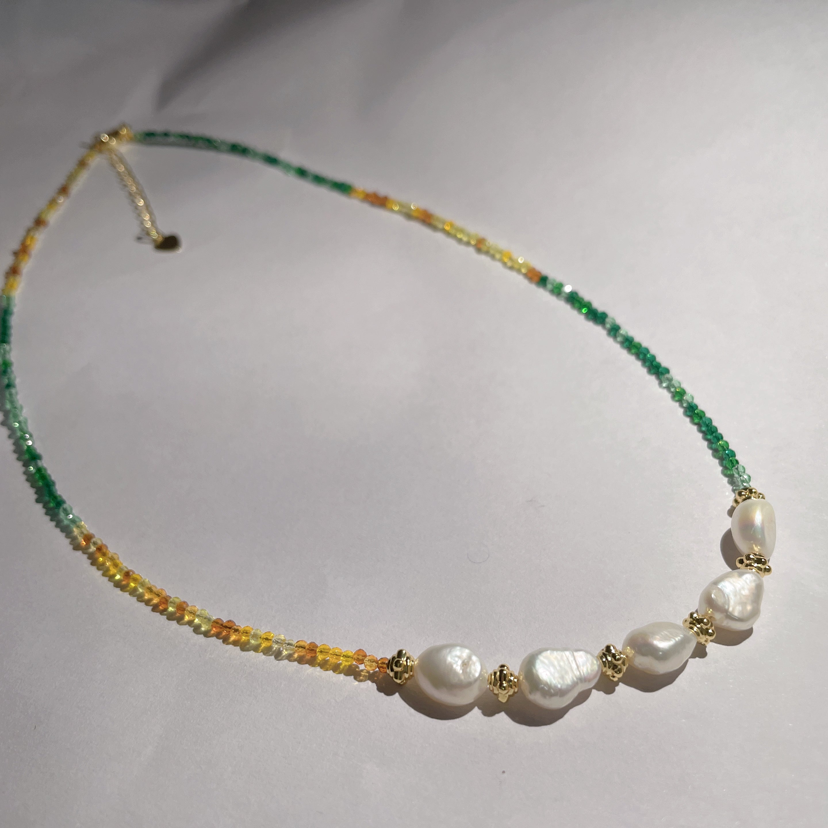 Handmade Green Orange Gradient Crystal Bead Necklace | Baroque Freshwater Pearl Gold Flower Spacer Luxe
