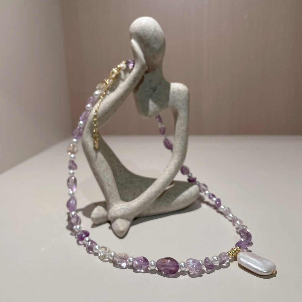Handmade Amethyst & Citrine Crystal Baroque Pearl Beaded Necklace | Purple Yellow Natural Stone Luxe