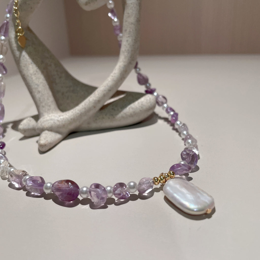 Handmade Amethyst & Citrine Crystal Baroque Pearl Beaded Necklace | Purple Yellow Natural Stone Luxe