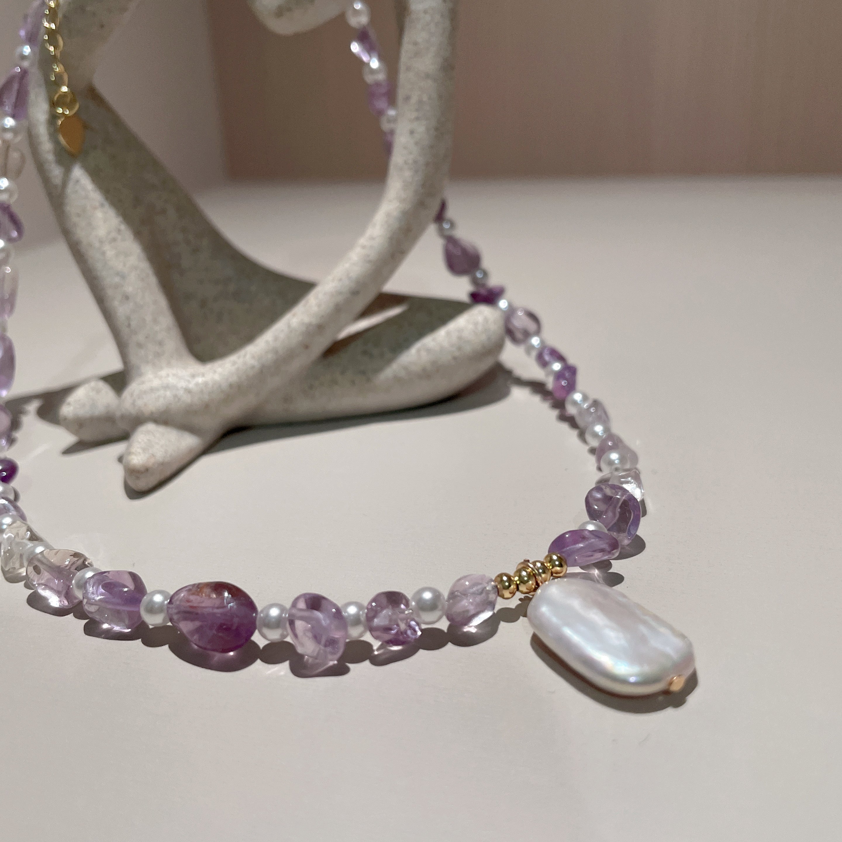 Handmade Amethyst & Citrine Crystal Baroque Pearl Beaded Necklace | Purple Yellow Natural Stone Luxe