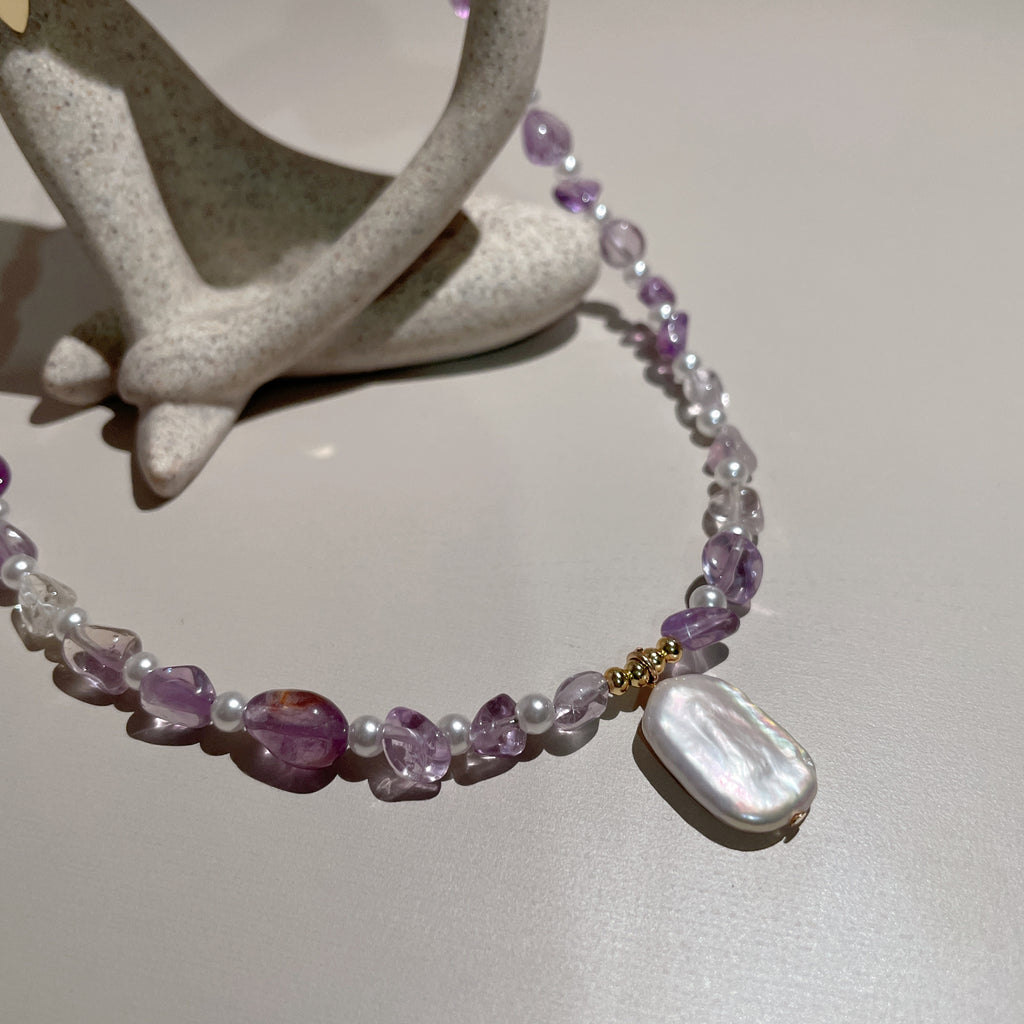 Handmade Amethyst & Citrine Crystal Baroque Pearl Beaded Necklace | Purple Yellow Natural Stone Luxe