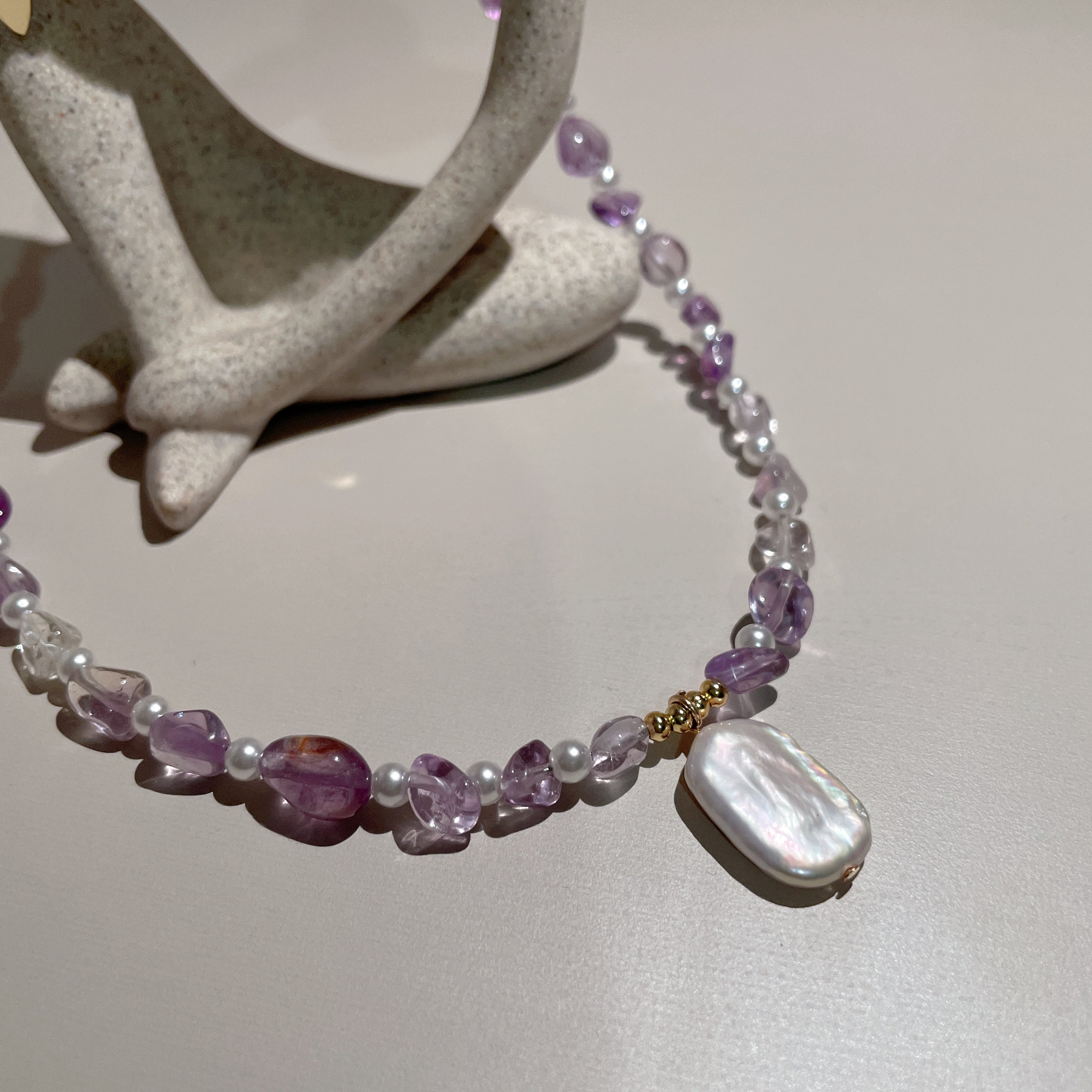 Handmade Amethyst & Citrine Crystal Baroque Pearl Beaded Necklace | Purple Yellow Natural Stone Luxe