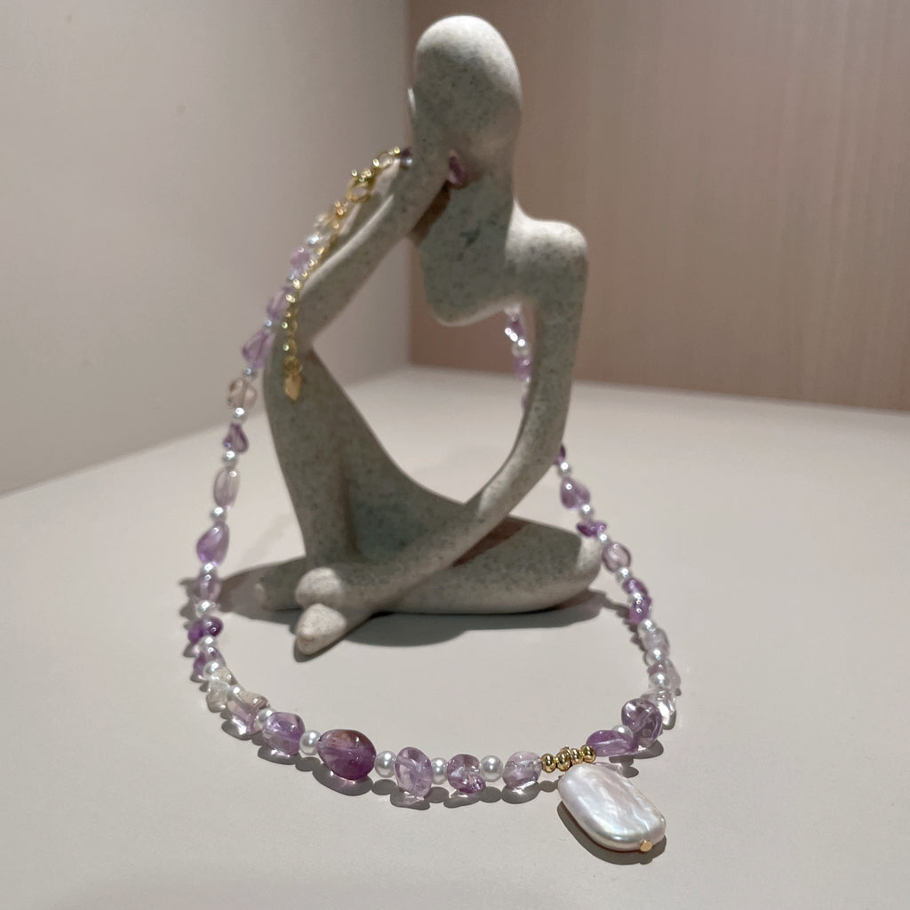 Handmade Amethyst & Citrine Crystal Baroque Pearl Beaded Necklace | Purple Yellow Natural Stone Luxe