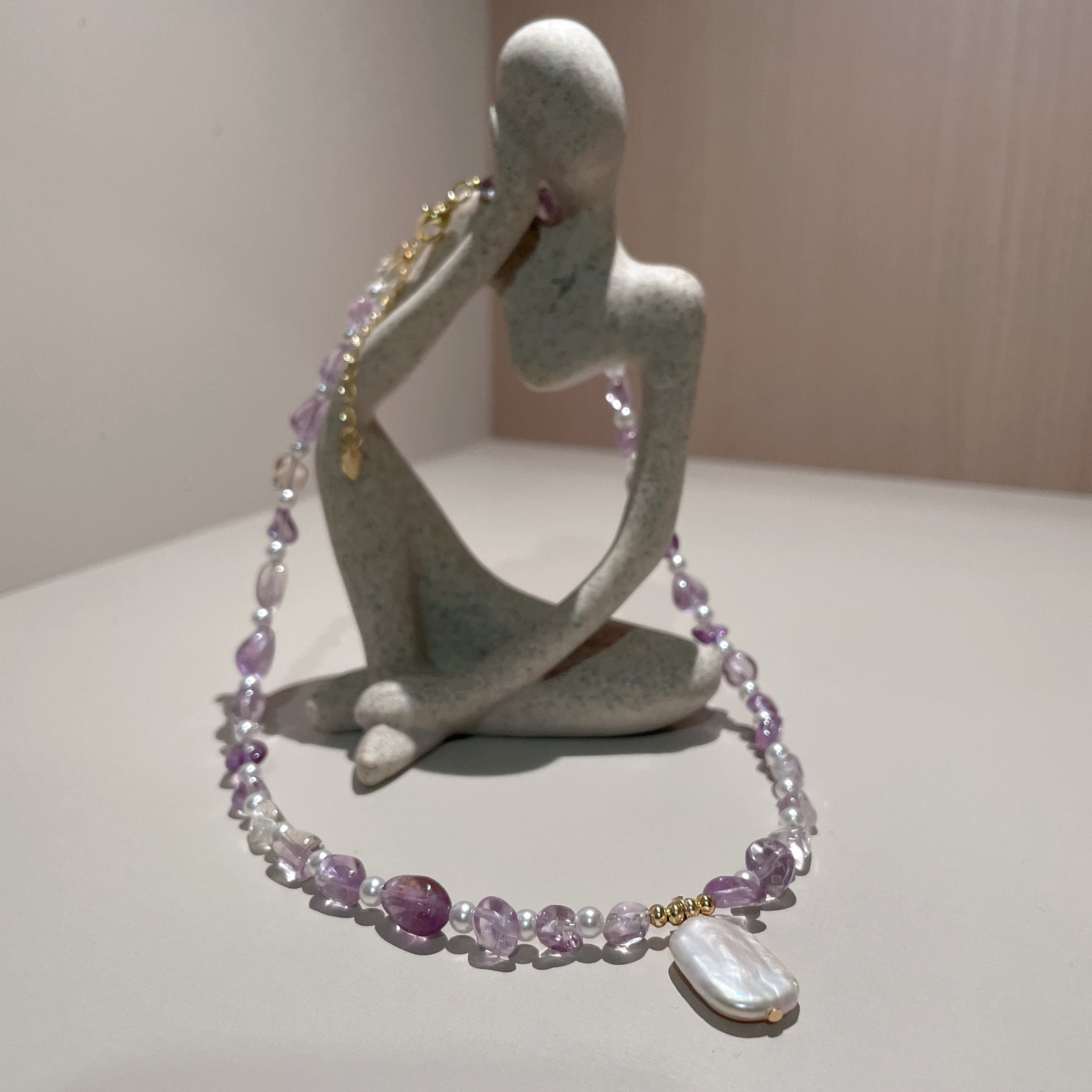 Handmade Amethyst & Citrine Crystal Baroque Pearl Beaded Necklace | Purple Yellow Natural Stone Luxe
