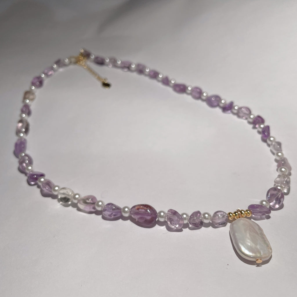 Handmade Amethyst & Citrine Crystal Baroque Pearl Beaded Necklace | Purple Yellow Natural Stone Luxe