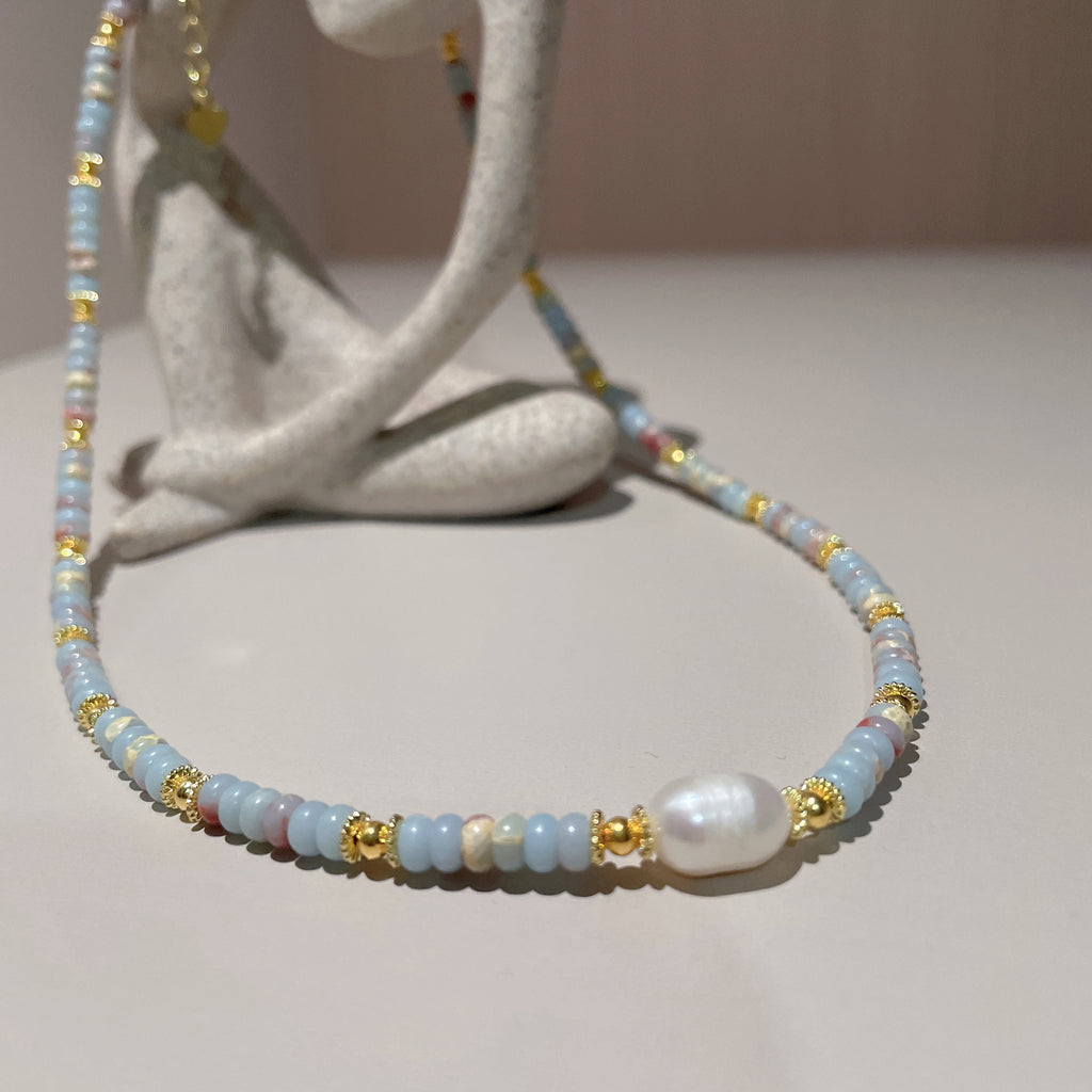 Handmade Grey & Blush Heishi Disc Choker Necklace | Baroque Freshwater Pearl Center Gold Spacer Minimal